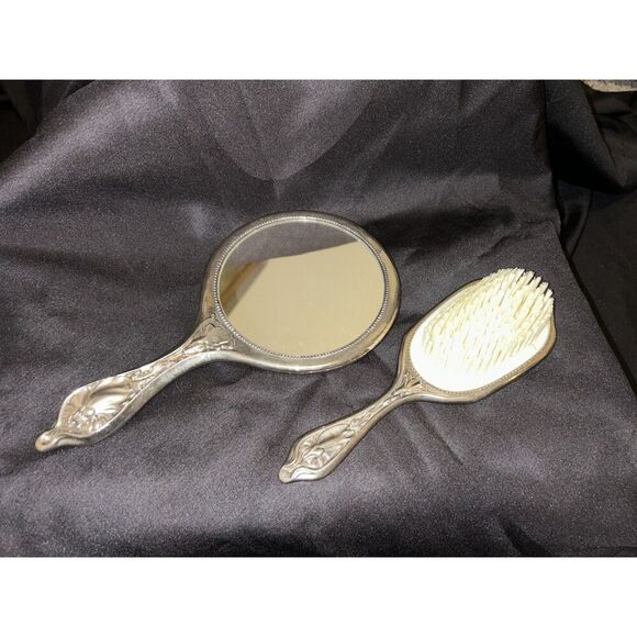 Antique Silver-Plated Brush and Mirror Floral Lily Design Vanity Set - Picture 1 of 9